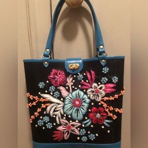 NWT Gorgeous Christiana black hand embroidered handbag with blue leather trim